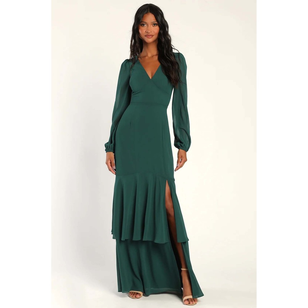 Lulus Tier Elegance Hunter Green Long Sleeve Tiered Maxi Dress Size 1X